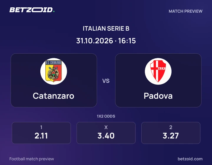 Catanzaro - Padova Catanzaro vs Padova: Italian Serie B match preview with team badges and kick-off details.