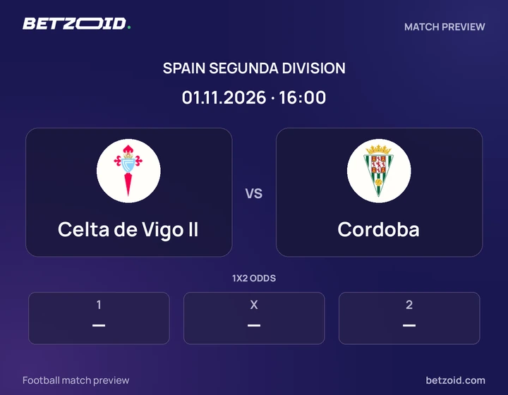 Celta de Vigo II vs Cordoba: Spain Segunda Division match preview with team badges and kick-off details.