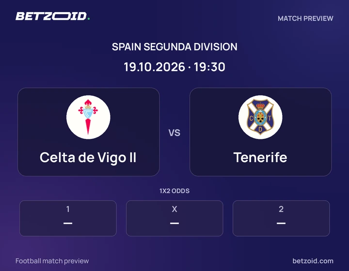 Celta de Vigo II - Tenerife Celta de Vigo II vs Tenerife: Spain Segunda Division match preview with team badges and kick-off details.