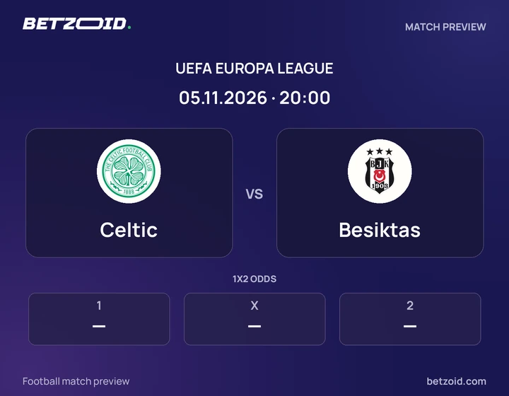 Celtic vs Besiktas: UEFA Europa League match preview with team badges and kick-off details.