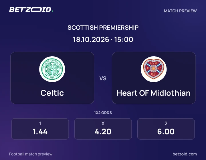 Celtic - Heart OF Midlothian Celtic vs Heart OF Midlothian: Scottish Premiership match preview with team badges and kick-off details.