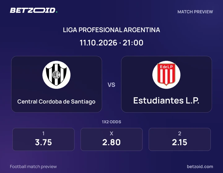 Central Cordoba de Santiago vs Estudiantes L.P.: Liga Profesional Argentina match preview with team badges and kick-off details.