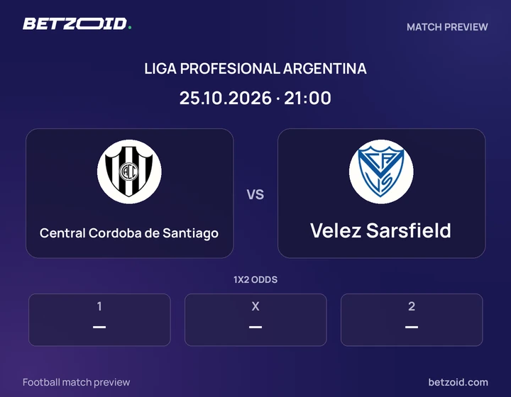 Central Cordoba de Santiago vs Velez Sarsfield: Liga Profesional Argentina match preview with team badges and kick-off details.