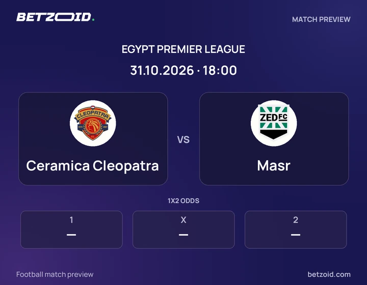 Ceramica Cleopatra vs Masr: Egypt Premier League match preview with team badges and kick-off details.