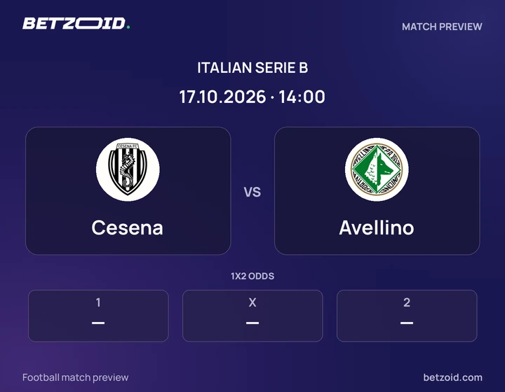 Cesena vs Avellino: Italian Serie B match preview with team badges and kick-off details.