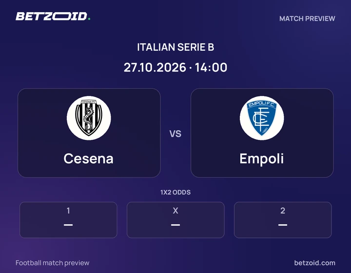 Cesena vs Empoli: Italian Serie B match preview with team badges and kick-off details.
