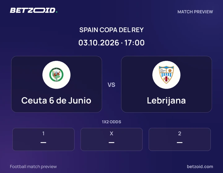 Ceuta 6 de Junio - Lebrijana Ceuta 6 de Junio vs Lebrijana: Spain Copa del Rey match preview with team badges and kick-off details.