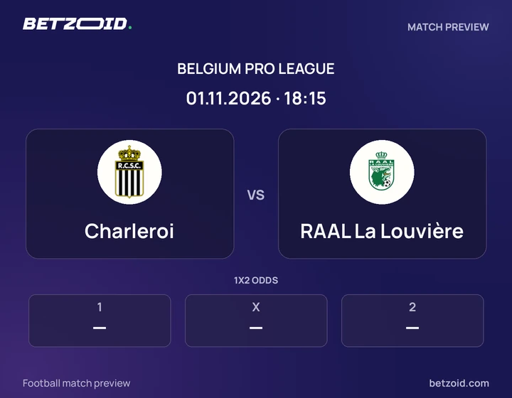 Charleroi - RAAL La Louvière Charleroi vs RAAL La Louvière: Belgium Pro League match preview with team badges and kick-off details.