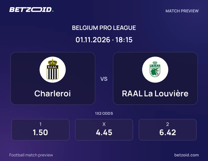 Charleroi - RAAL La Louvière Charleroi vs RAAL La Louvière: Belgium Pro League match preview with team badges and kick-off details.