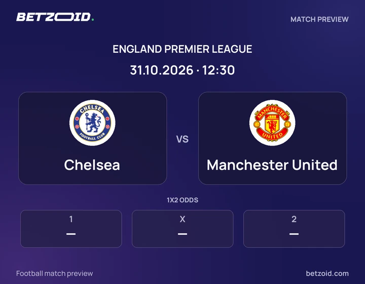 Chelsea vs Manchester United: England Premier League match preview with team badges and kick-off details.