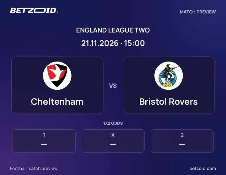Cheltenham vs Bristol Rovers: England League Two match preview with team badges and kick-off details.