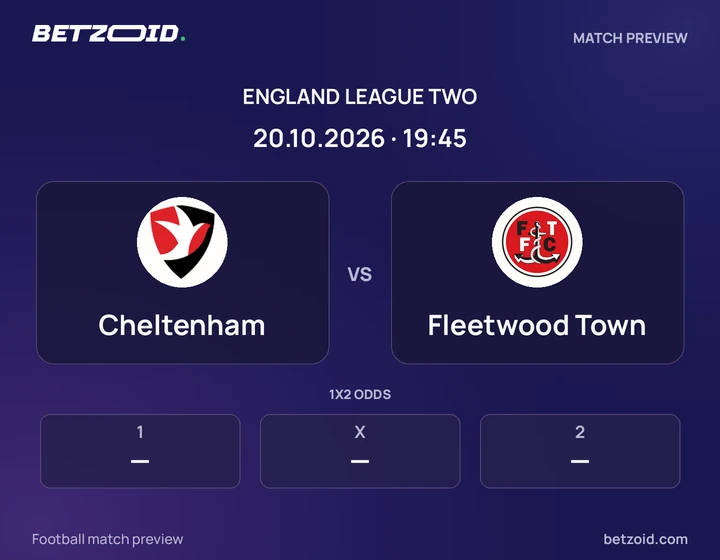Cheltenham vs Fleetwood Town: England League Two match preview with team badges and kick-off details.