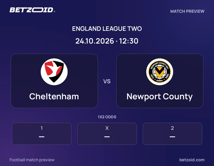 Cheltenham vs Newport County: England League Two match preview with team badges and kick-off details.