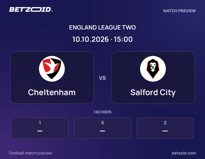 Cheltenham vs Salford City: England League Two match preview with team badges and kick-off details.