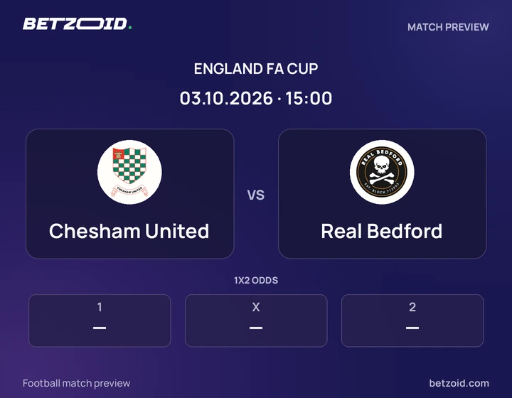 Chesham United - Real Bedford Chesham United vs Real Bedford: England FA Cup match preview with team badges and kick-off details.