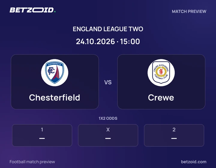 Chesterfield vs Crewe: England League Two match preview with team badges and kick-off details.