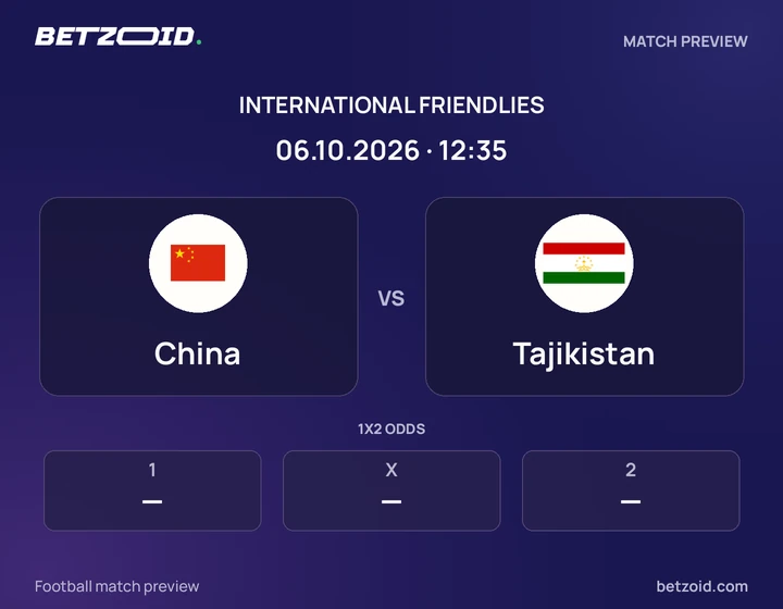 China - Tajikistan China vs Tajikistan: International Friendlies match preview with team badges and kick-off details.