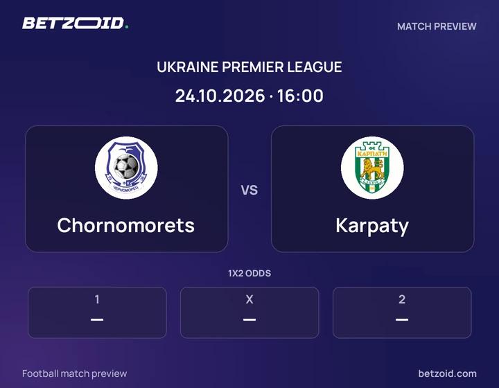 Chornomorets - Karpaty Chornomorets vs Karpaty: Ukraine Premier League match preview with team badges and kick-off details.