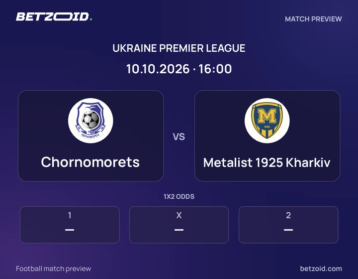 Chornomorets - Metalist 1925 Kharkiv Chornomorets vs Metalist 1925 Kharkiv: Ukraine Premier League match preview with team badges and kick-off details.