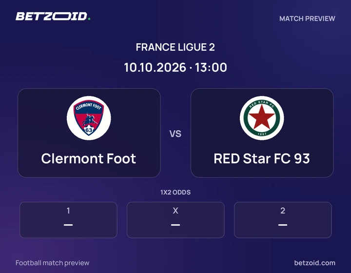 Clermont Foot vs RED Star FC 93: France Ligue 2 match preview with team badges and kick-off details.