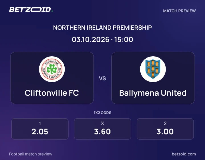 Cliftonville FC vs Ballymena United: Northern Ireland Premiership match preview with team badges and kick-off details.
