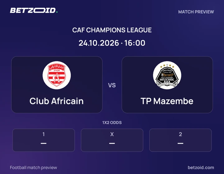 Club Africain - TP Mazembe Club Africain vs TP Mazembe: CAF Champions League match preview with team badges and kick-off details.
