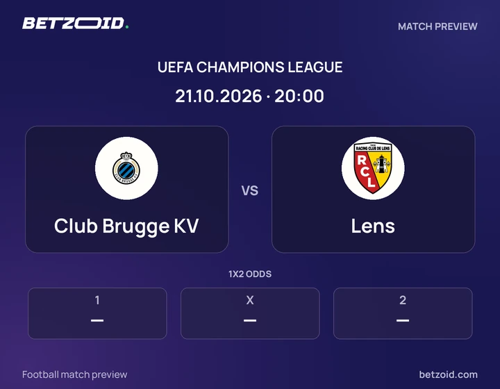 Club Brugge KV vs Lens: UEFA Champions League match preview with team badges and kick-off details.