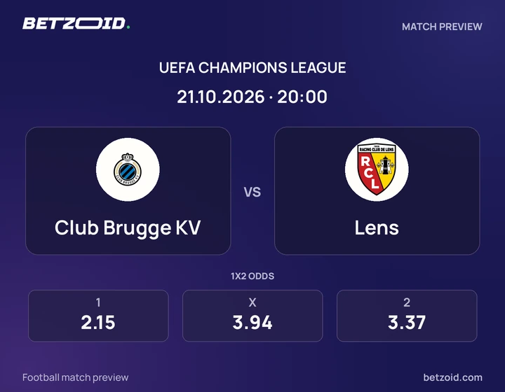 FC Bruges – Lens FC Bruges – Lens : présentation du match de Ligue des champions avec les logos des équipes et l’horaire du coup d’envoi.