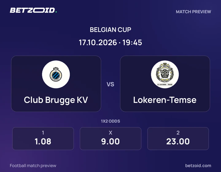 Club Brugge KV vs Lokeren-Temse: Belgian Cup match preview with team badges and kick-off details.