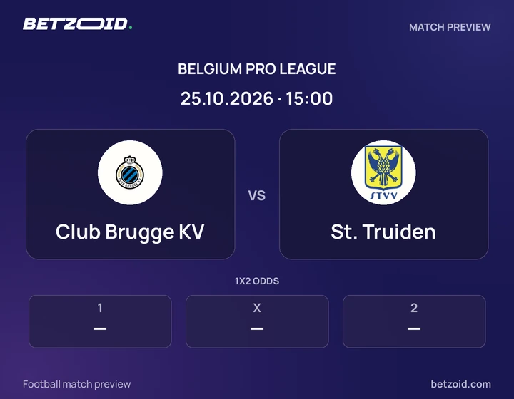 Club Brugge KV vs St. Truiden: Belgium Pro League match preview with team badges and kick-off details.