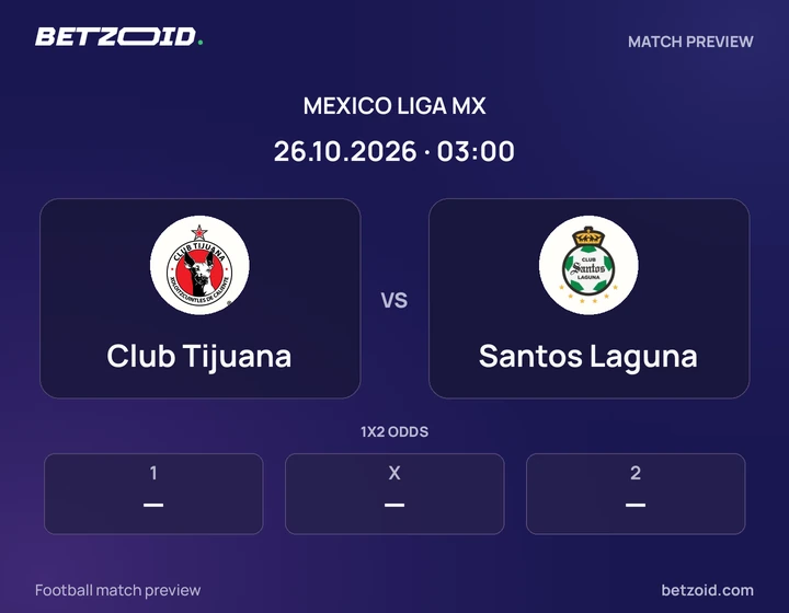 Club Tijuana vs Santos Laguna: Mexico Liga MX match preview with team badges and kick-off details.