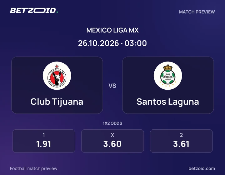 Club Tijuana vs. Santos Laguna Club Tijuana vs. Santos Laguna: previa del partido de Liga MX, con escudos y datos del encuentro.