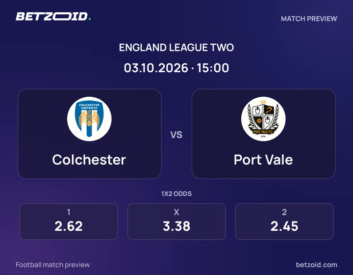 Colchester vs Port Vale: England League Two match preview with team badges and kick-off details.