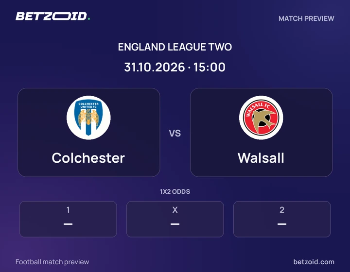 Colchester vs Walsall: England League Two match preview with team badges and kick-off details.