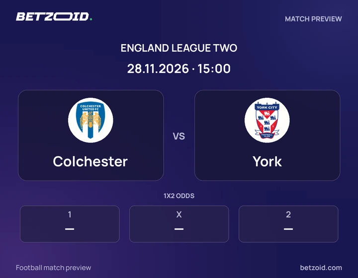 Colchester vs York: England League Two match preview with team badges and kick-off details.