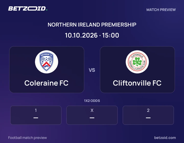 Coleraine FC vs Cliftonville FC: Northern Ireland Premiership match preview with team badges and kick-off details.