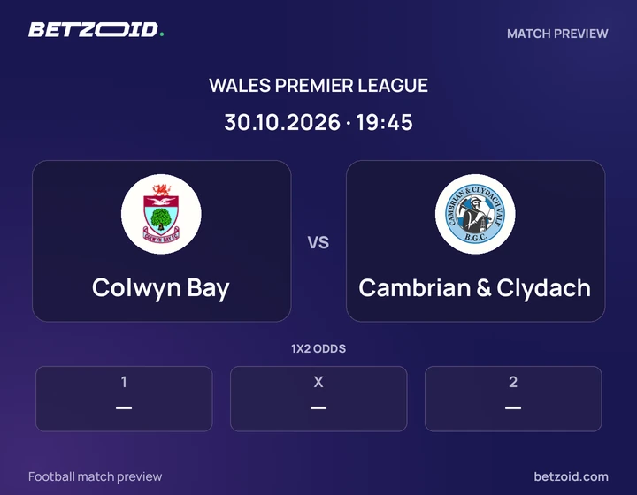 Colwyn Bay - Cambrian & Clydach Colwyn Bay vs Cambrian & Clydach: Wales Premier League match preview with team badges and kick-off details.