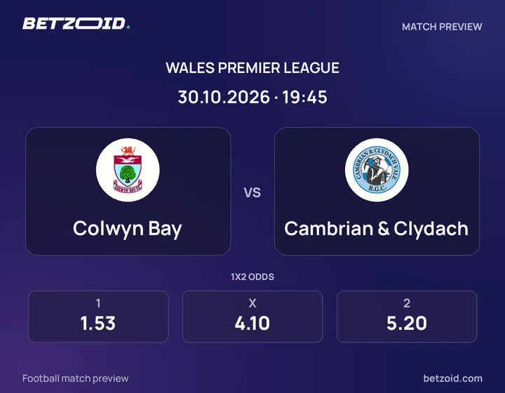 Colwyn Bay - Cambrian & Clydach Colwyn Bay vs Cambrian & Clydach: Wales Premier League match preview with team badges and kick-off details.