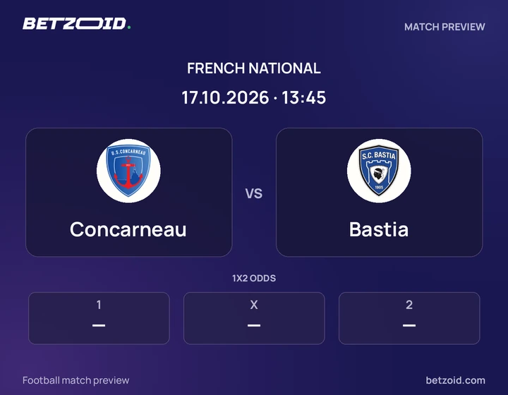 Concarneau vs Bastia: French National match preview with team badges and kick-off details.