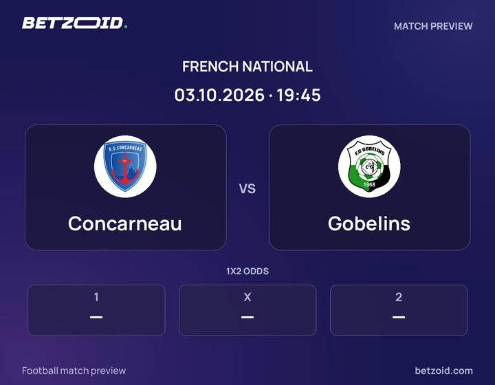 Concarneau vs Gobelins: French National match preview with team badges and kick-off details.
