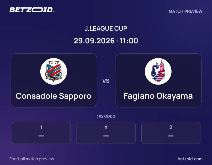 Consadole Sapporo vs Fagiano Okayama: J.League Cup match preview with team badges and kick-off details.
