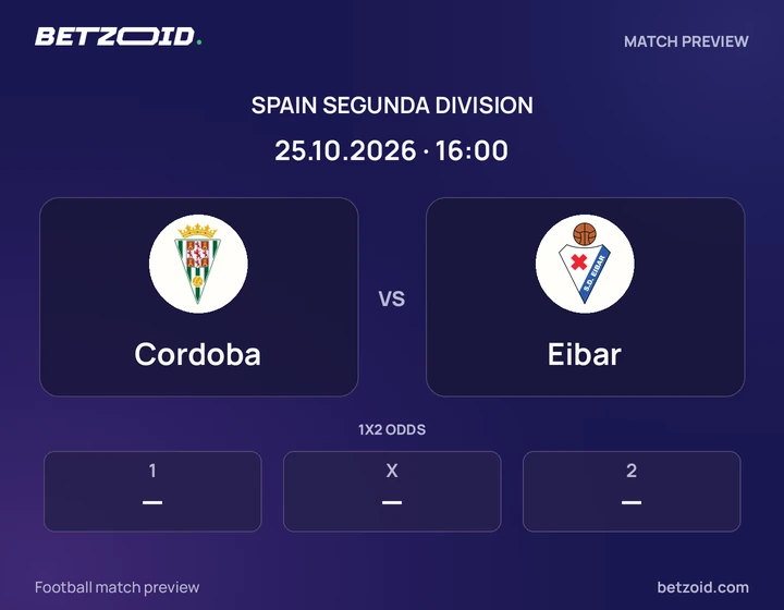 Cordoba vs Eibar: Spain Segunda Division match preview with team badges and kick-off details.