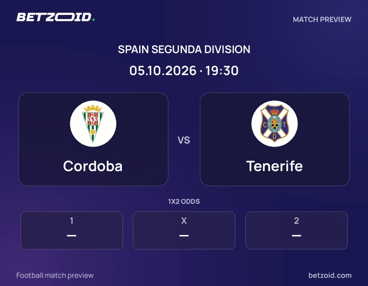 Cordoba vs Tenerife: Spain Segunda Division match preview with team badges and kick-off details.