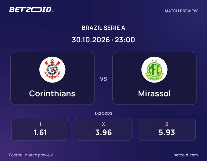 Corinthians x Mirassol Corinthians x Mirassol: prévia do jogo de Brasileirão Série A, com escudos e informações da partida.