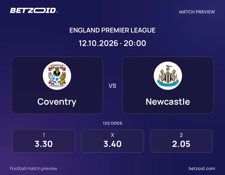 Coventry - Newcastle Coventry vs Newcastle: England Premier League match preview with team badges and kick-off details.