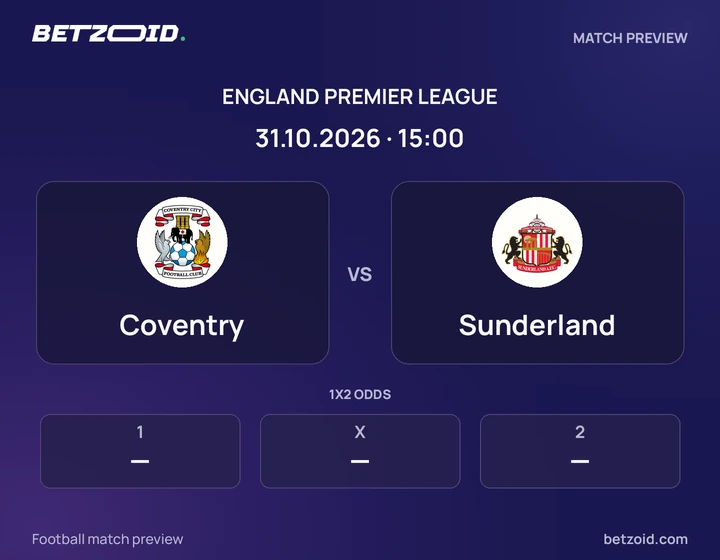 Coventry - Sunderland Coventry vs Sunderland: England Premier League match preview with team badges and kick-off details.
