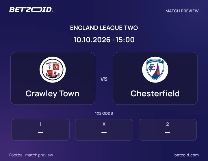 Crawley Town vs Chesterfield: England League Two match preview with team badges and kick-off details.