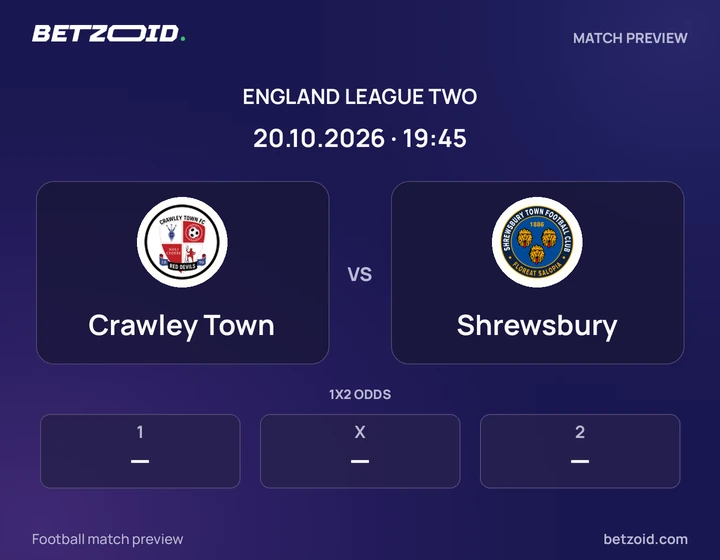 Crawley Town vs Shrewsbury: England League Two match preview with team badges and kick-off details.