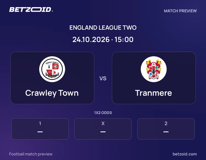 Crawley Town vs Tranmere: England League Two match preview with team badges and kick-off details.