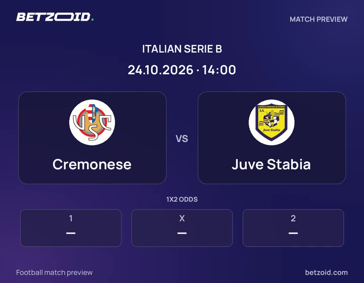 Cremonese vs Juve Stabia: Italian Serie B match preview with team badges and kick-off details.